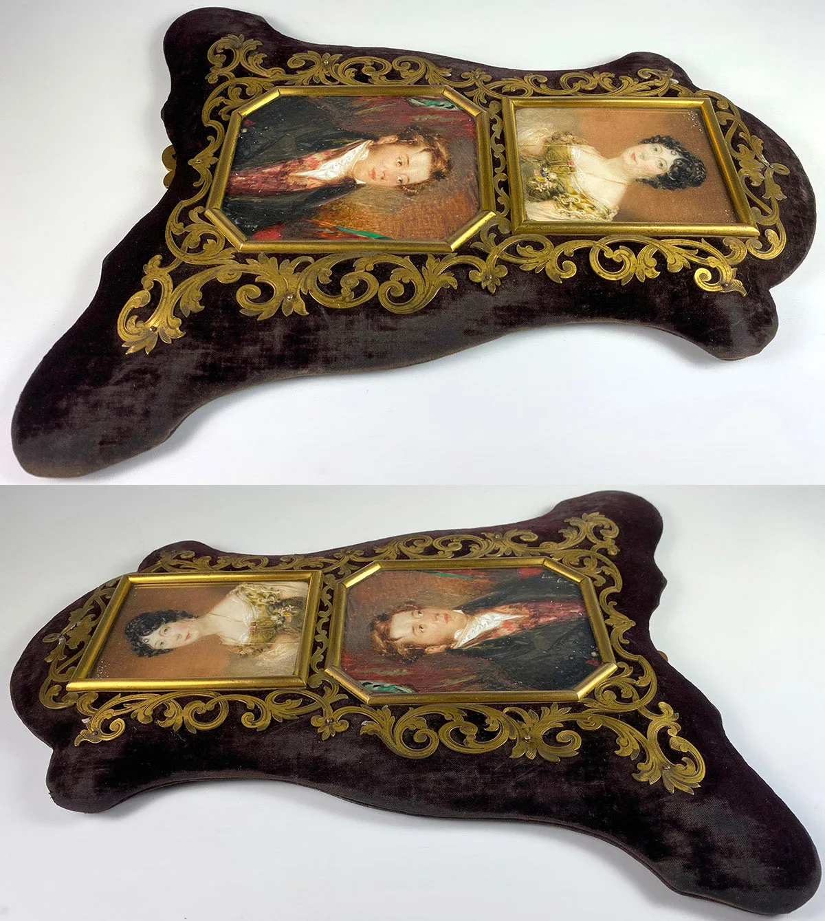 2 Superb pre-Victorian English Portrait Miniatures, Pair, Couple in Elaborate Double Frame 12" Tall