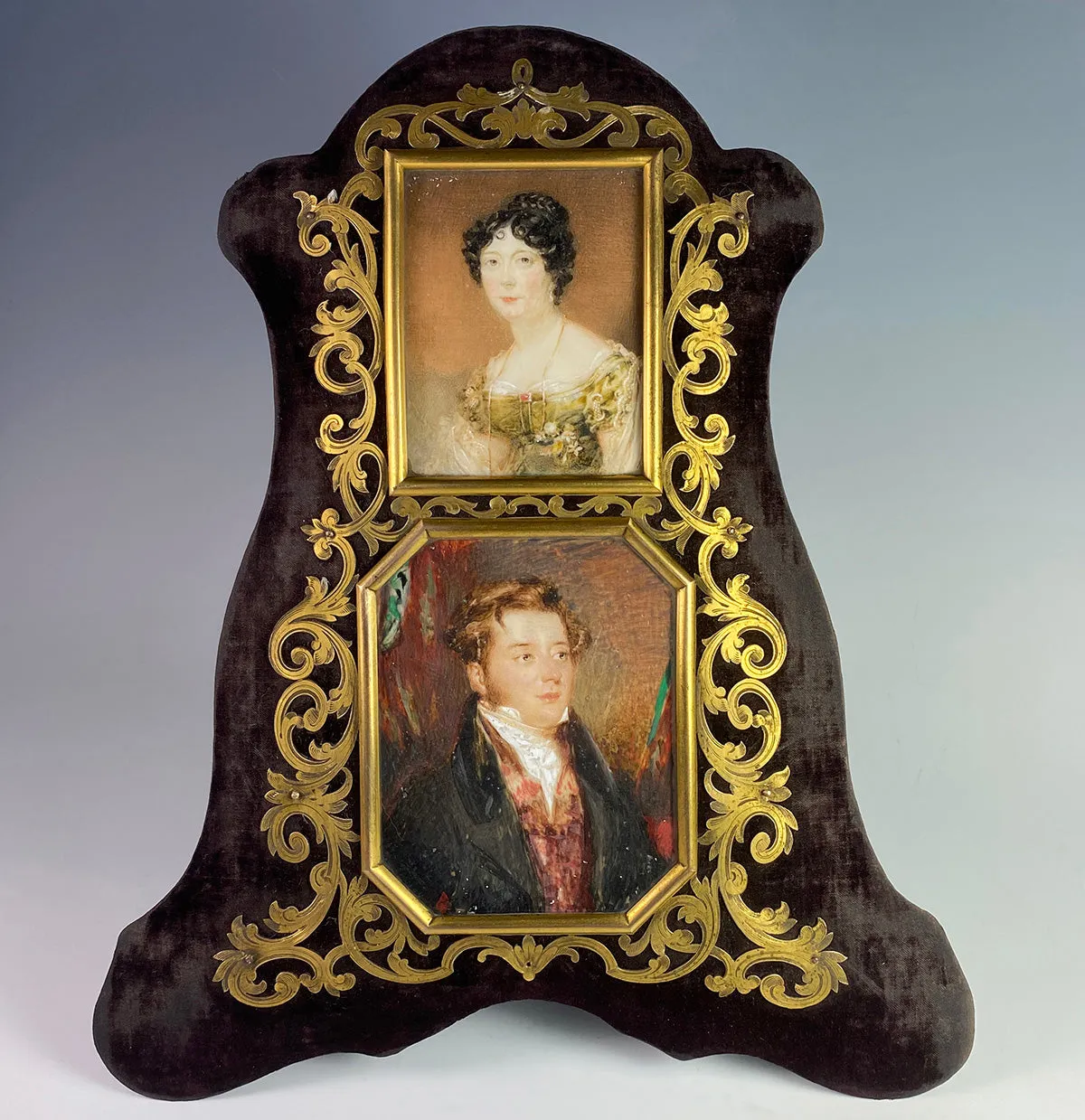 2 Superb pre-Victorian English Portrait Miniatures, Pair, Couple in Elaborate Double Frame 12" Tall