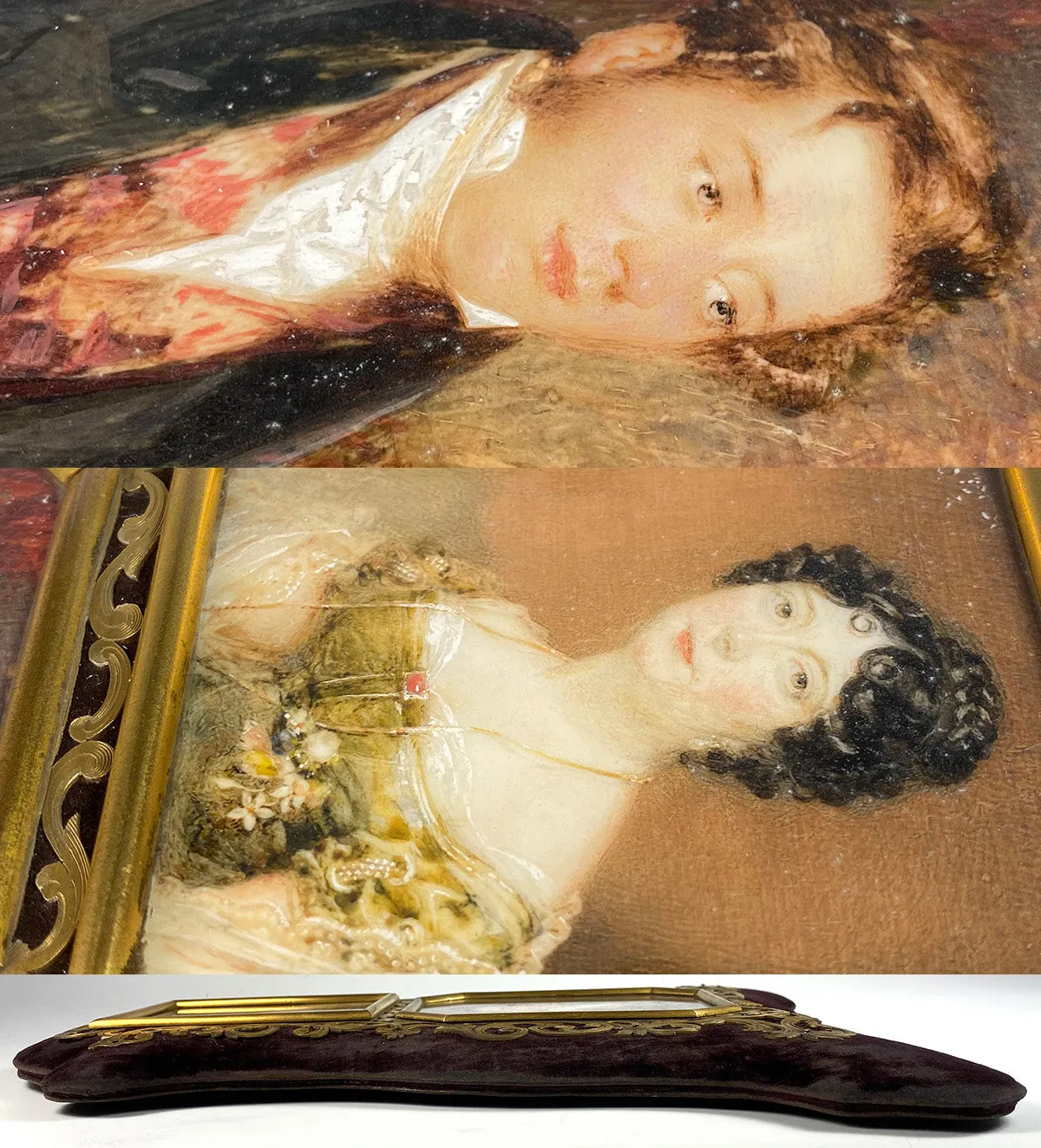 2 Superb pre-Victorian English Portrait Miniatures, Pair, Couple in Elaborate Double Frame 12" Tall