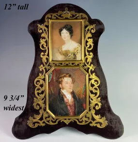 2 Superb pre-Victorian English Portrait Miniatures, Pair, Couple in Elaborate Double Frame 12" Tall