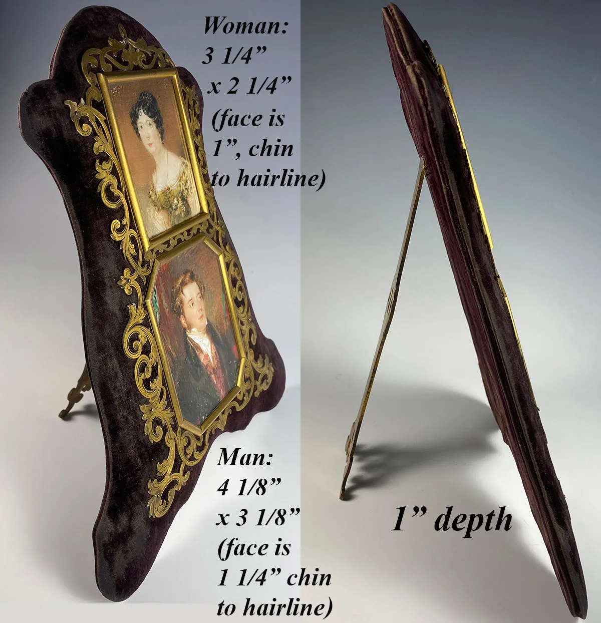 2 Superb pre-Victorian English Portrait Miniatures, Pair, Couple in Elaborate Double Frame 12" Tall