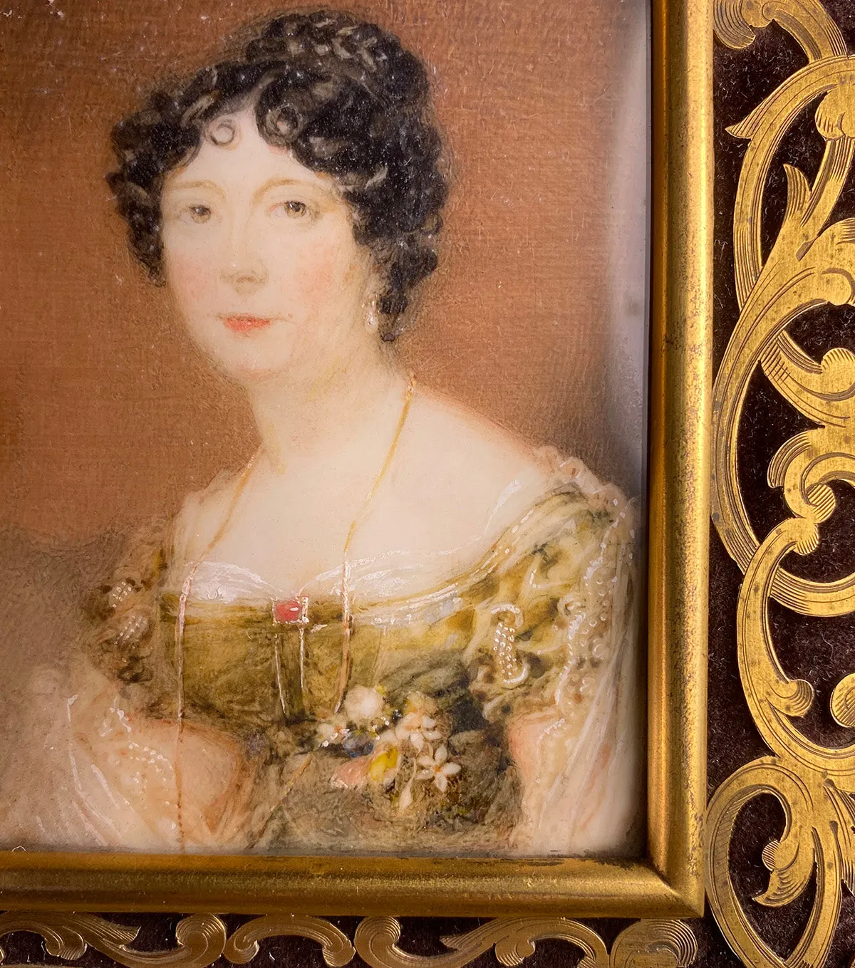 2 Superb pre-Victorian English Portrait Miniatures, Pair, Couple in Elaborate Double Frame 12" Tall