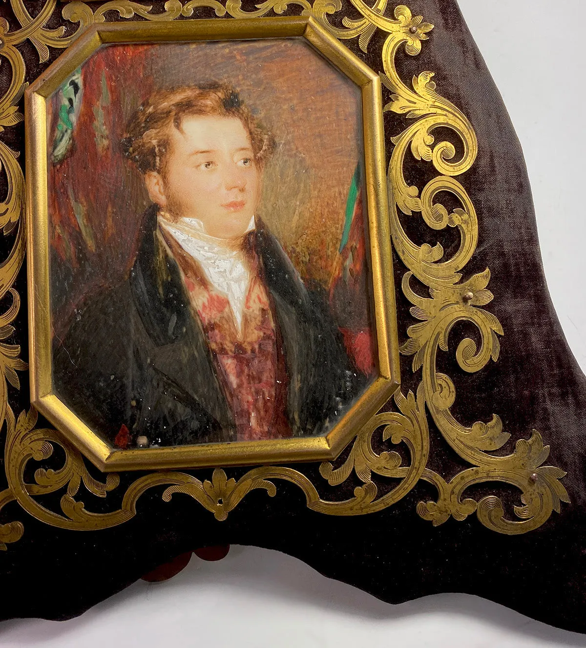 2 Superb pre-Victorian English Portrait Miniatures, Pair, Couple in Elaborate Double Frame 12" Tall