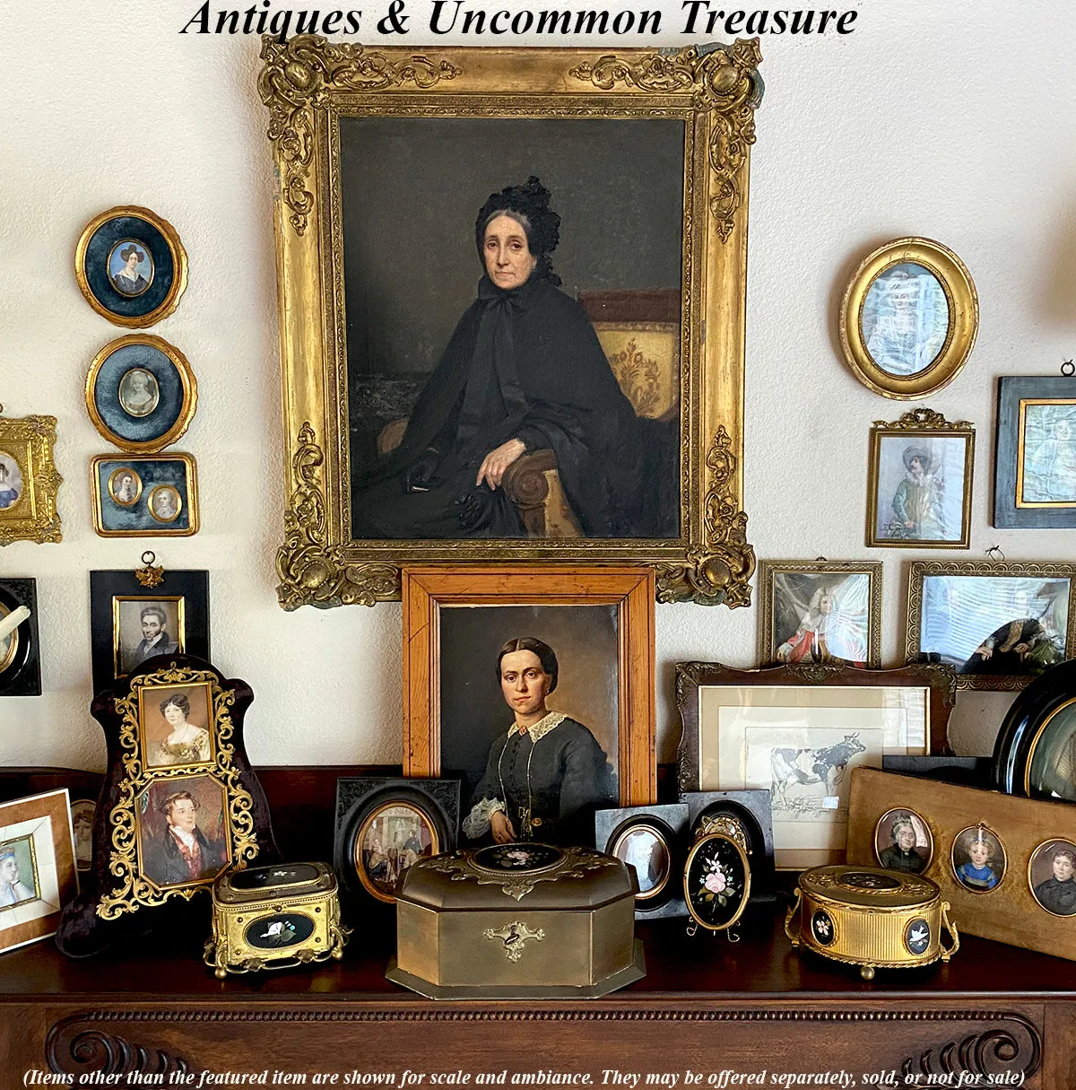 2 Superb pre-Victorian English Portrait Miniatures, Pair, Couple in Elaborate Double Frame 12" Tall