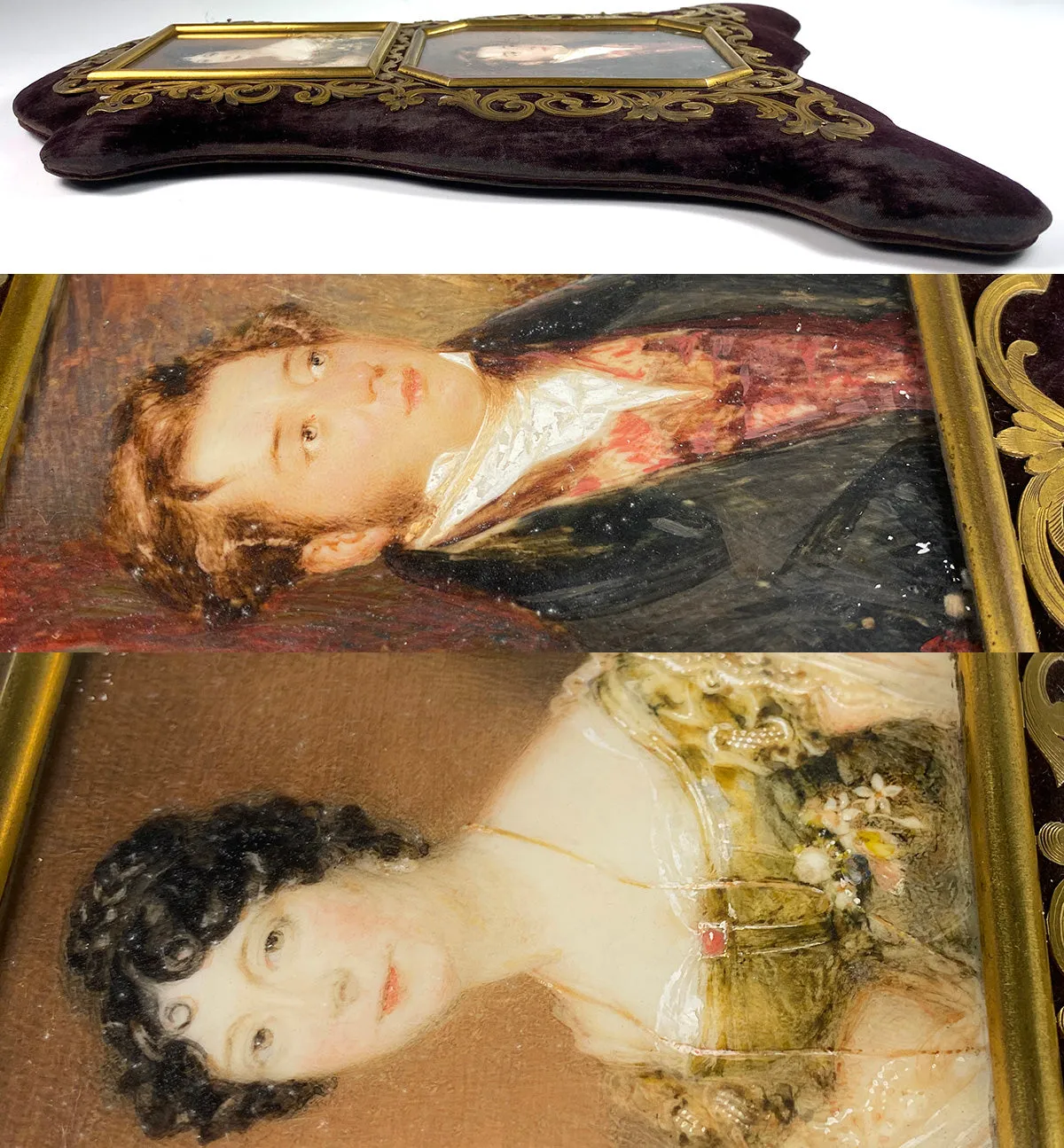 2 Superb pre-Victorian English Portrait Miniatures, Pair, Couple in Elaborate Double Frame 12" Tall