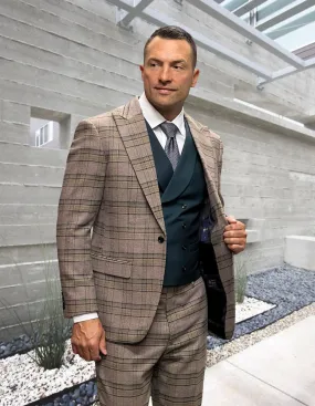3Pc Sb 1 Peak Lapel Plaid Suit With Solid Color Matching Vest. Super 200\' Italian Wool And Cashmere| AMALFI| Jade
