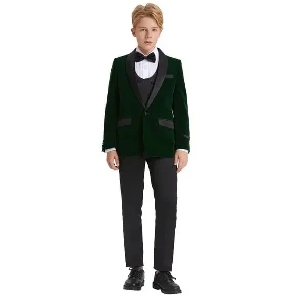 5pc Green Boys Velvet Tuxedo Includes Bowtie Slim Fit by Tazio