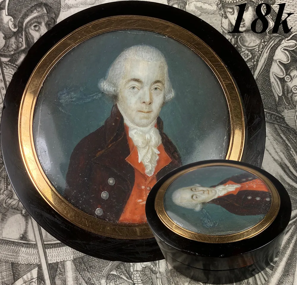 Antique French 18th Century Portrait Miniature Snuff Box, 1700s Tortoise Shell & 18k Gold