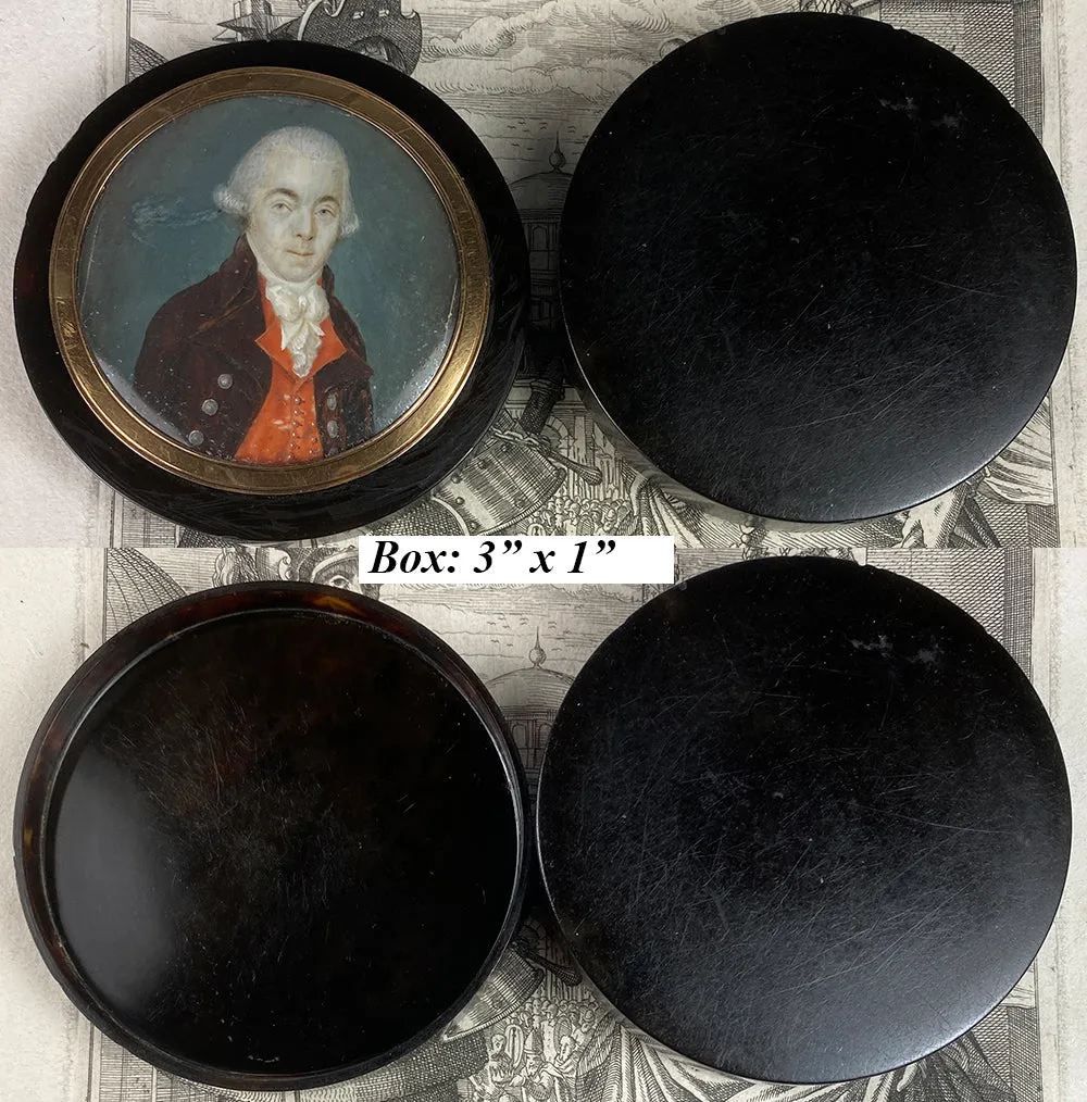 Antique French 18th Century Portrait Miniature Snuff Box, 1700s Tortoise Shell & 18k Gold