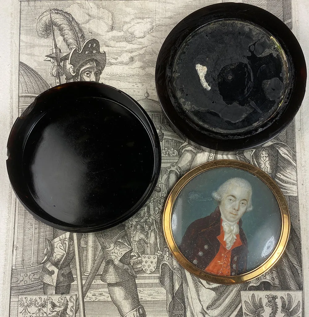 Antique French 18th Century Portrait Miniature Snuff Box, 1700s Tortoise Shell & 18k Gold