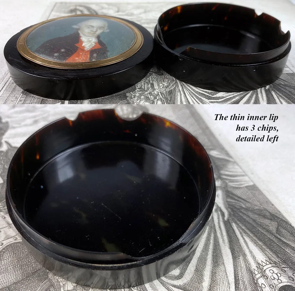Antique French 18th Century Portrait Miniature Snuff Box, 1700s Tortoise Shell & 18k Gold
