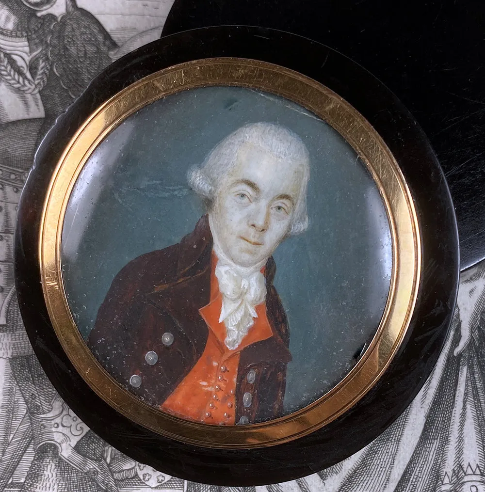 Antique French 18th Century Portrait Miniature Snuff Box, 1700s Tortoise Shell & 18k Gold