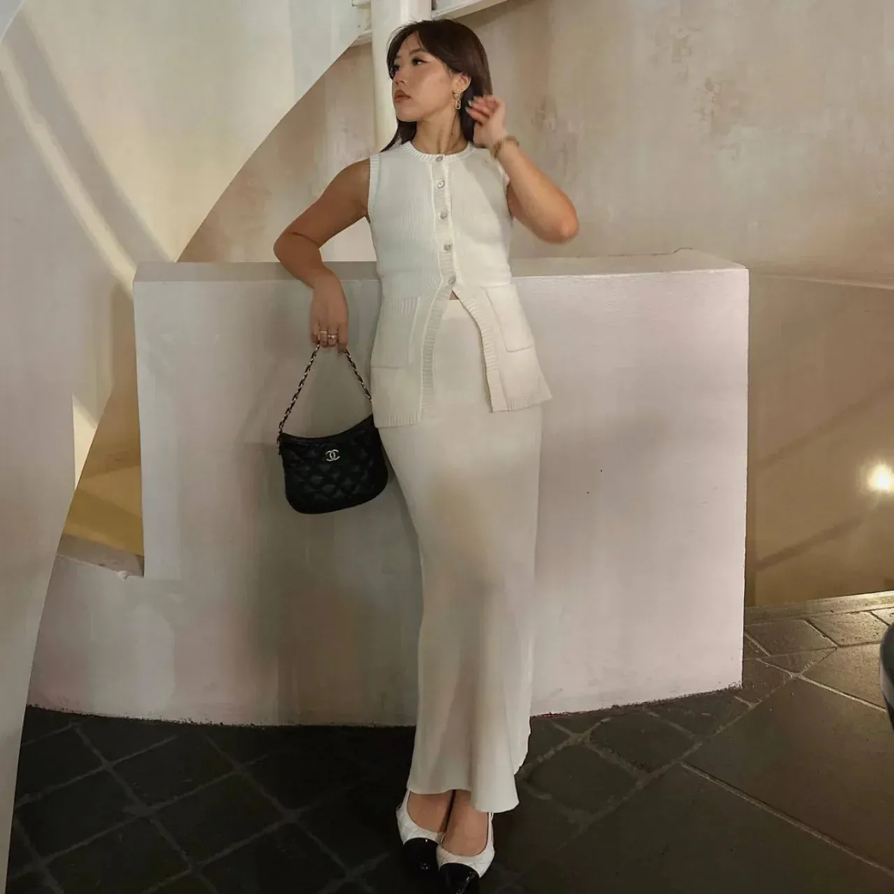 Black Friday Sonicelife Summer Fashion Knitted Skirt Suit Sleeveless Vest Pocket Slit High Waist Long Skirt Elegant White Ribbed Knitwear Outfits
