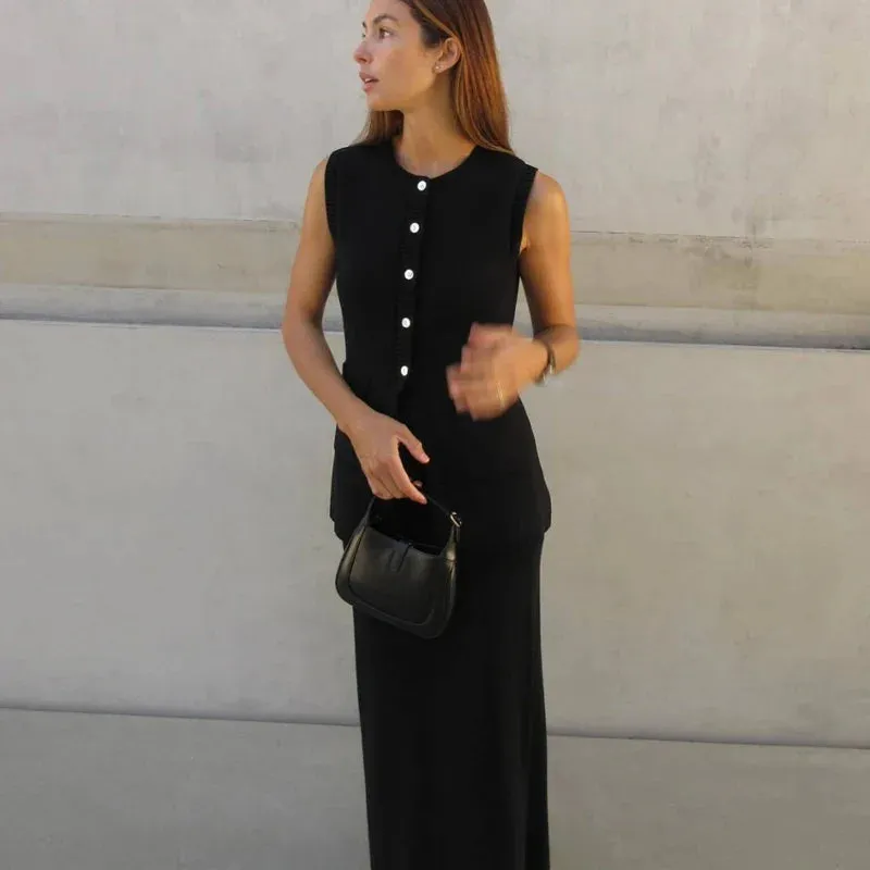 Black Friday Sonicelife Summer Fashion Knitted Skirt Suit Sleeveless Vest Pocket Slit High Waist Long Skirt Elegant White Ribbed Knitwear Outfits