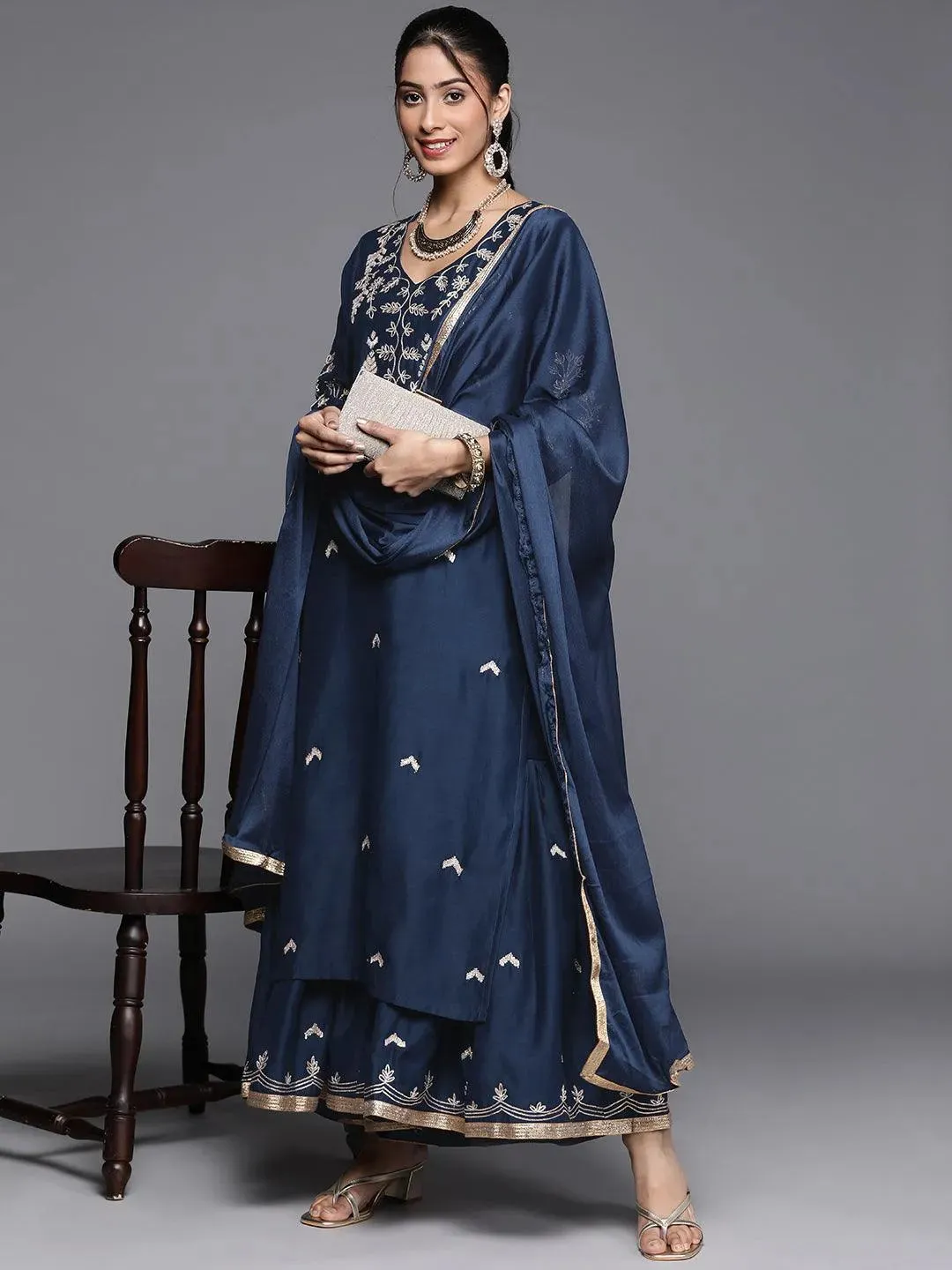 Blue Embroidered Chanderi Silk Straight Kurta With Sharara & Dupatta