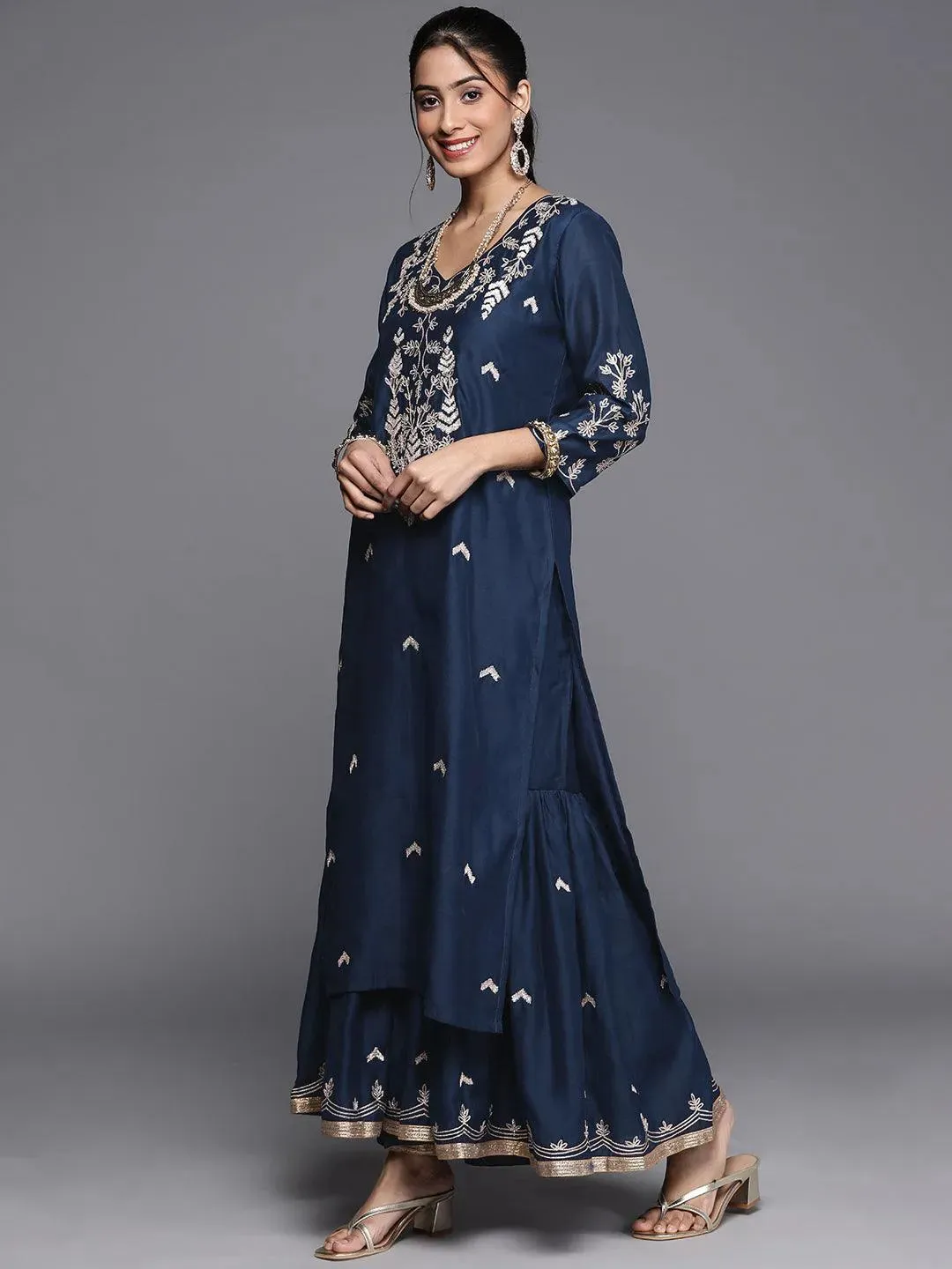 Blue Embroidered Chanderi Silk Straight Kurta With Sharara & Dupatta