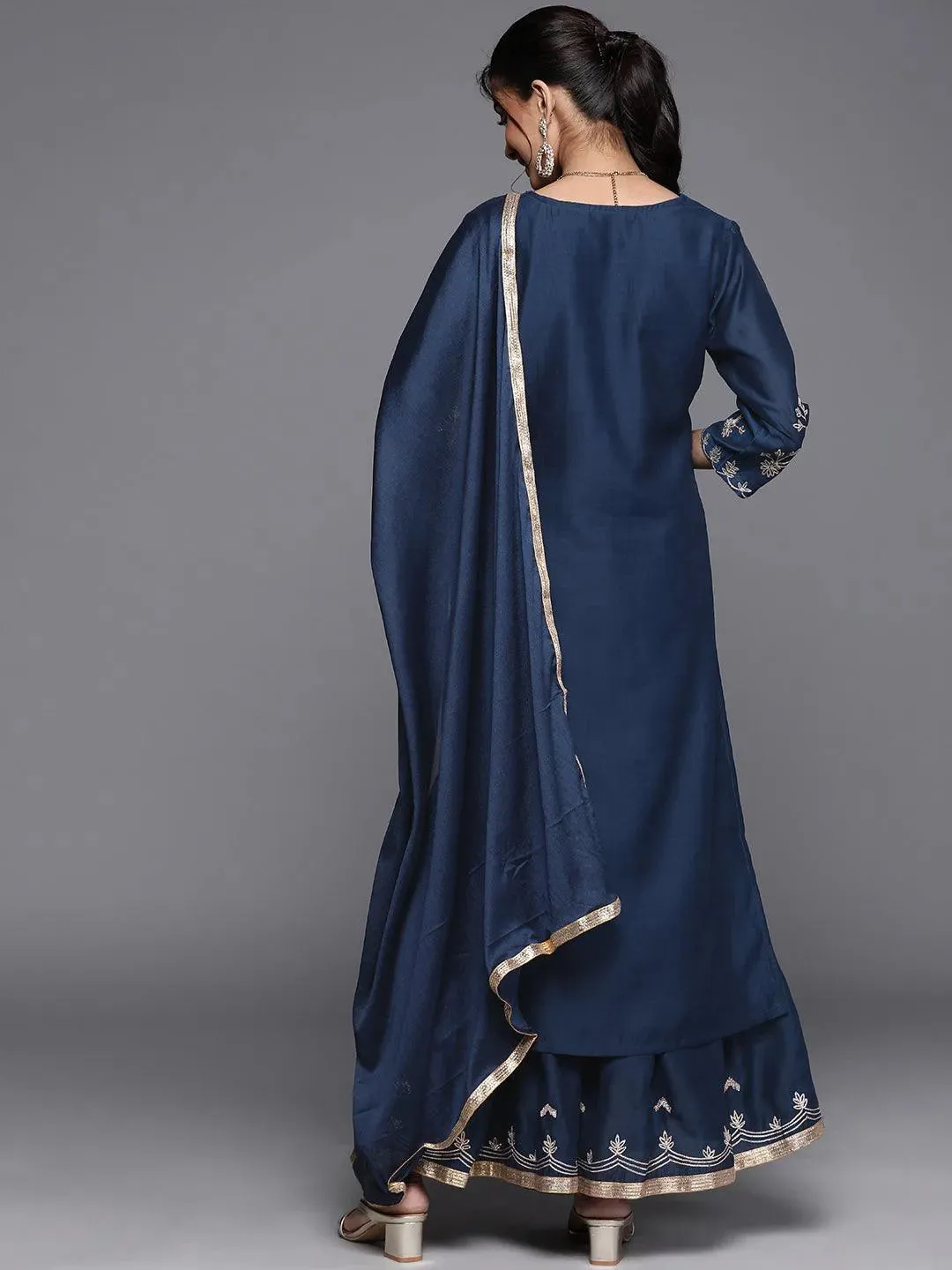 Blue Embroidered Chanderi Silk Straight Kurta With Sharara & Dupatta