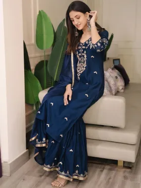 Blue Embroidered Chanderi Silk Straight Kurta With Sharara & Dupatta