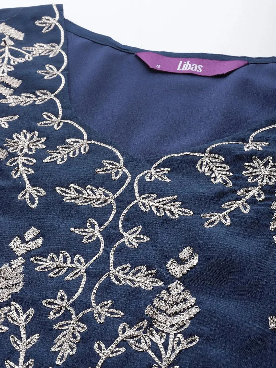 Blue Embroidered Chanderi Silk Straight Kurta With Sharara & Dupatta
