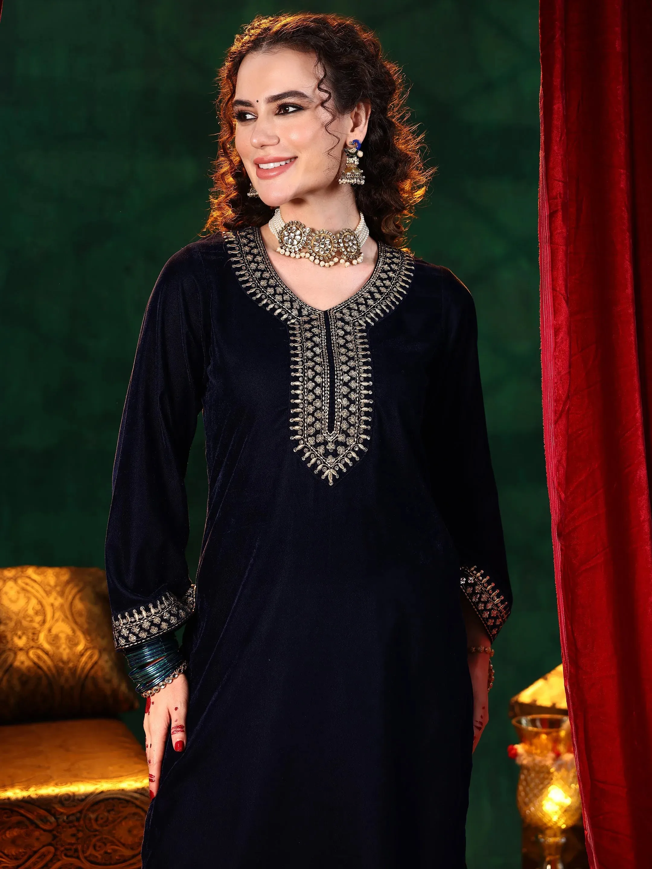 Blue Yoke Design Velvet Straight Suit With Dupatta