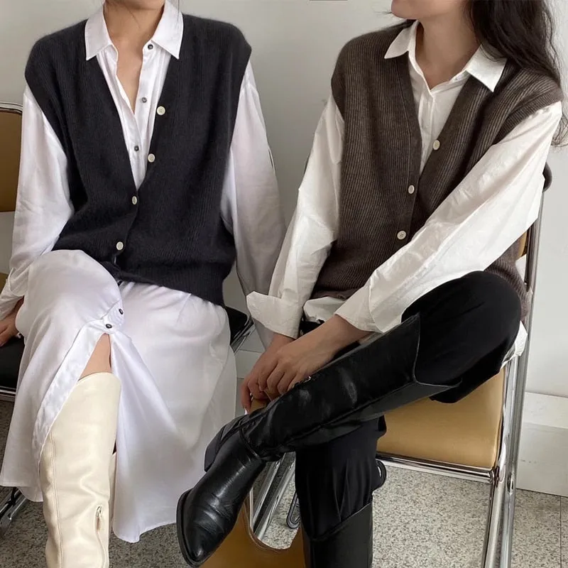 Cardigan Sweater Vest Loose 2022 Autumn and Winter Warm Knitted Vest Sweater for Women Loose Solid Sleeveless Sweaters 16348