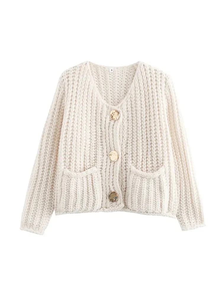 Chicmy-Elegant Solid Crocheted Wool Vest For Women Chic Single-breasted Crew Neck Pockets Knitted Vest 2024 Autumn Lady High Streetwear