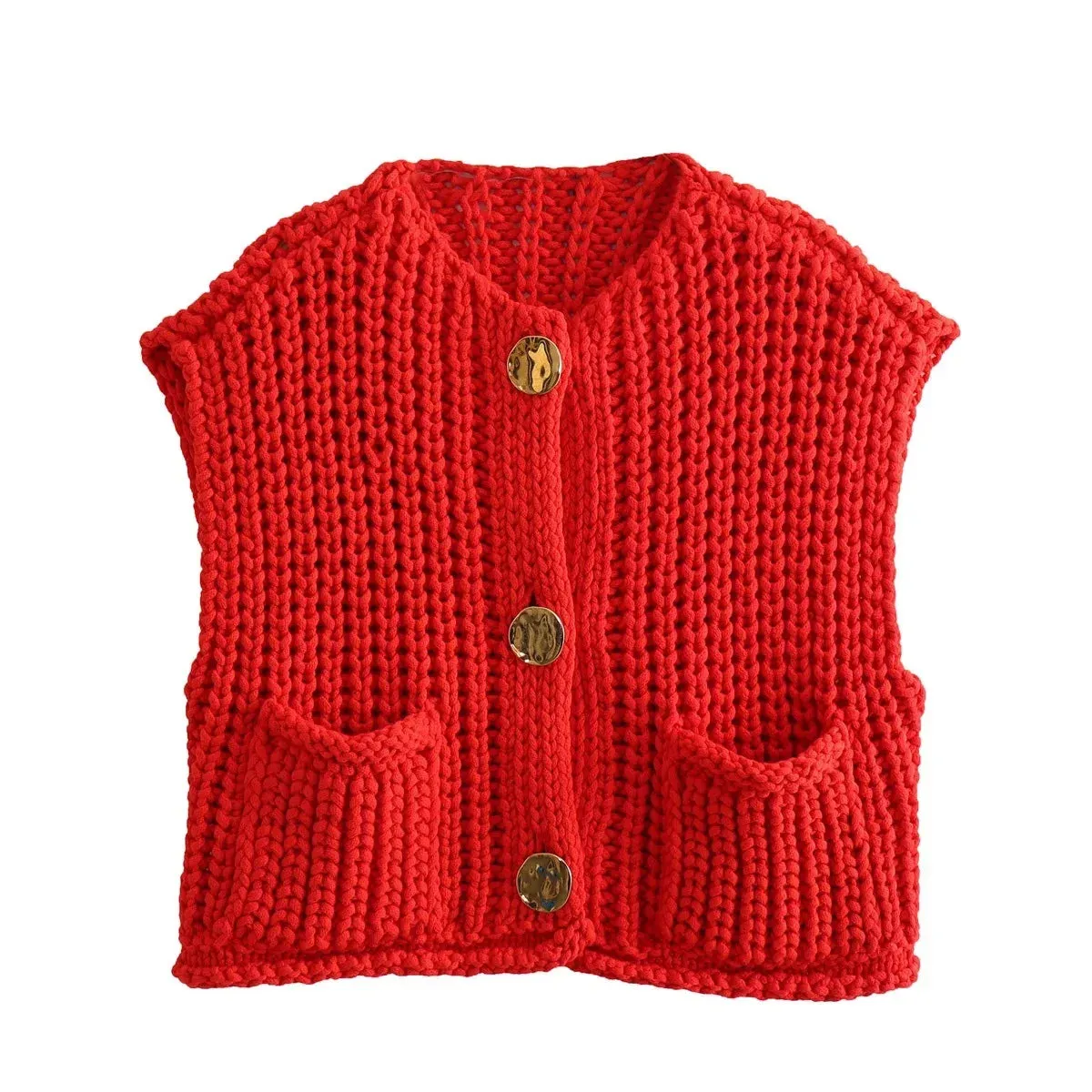 Chicmy-Elegant Solid Crocheted Wool Vest For Women Chic Single-breasted Crew Neck Pockets Knitted Vest 2024 Autumn Lady High Streetwear