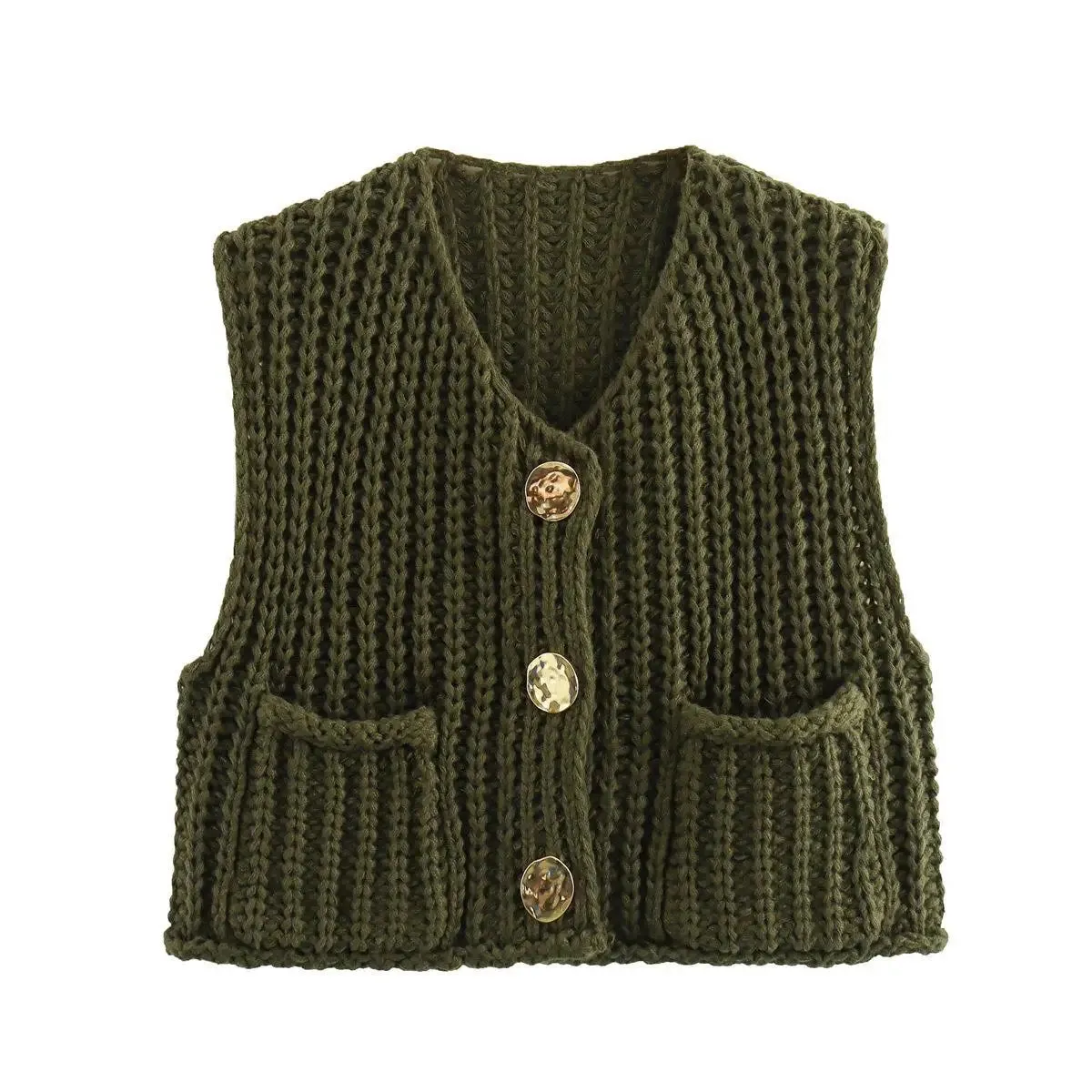 Chicmy-Elegant Solid Crocheted Wool Vest For Women Chic Single-breasted Crew Neck Pockets Knitted Vest 2024 Autumn Lady High Streetwear