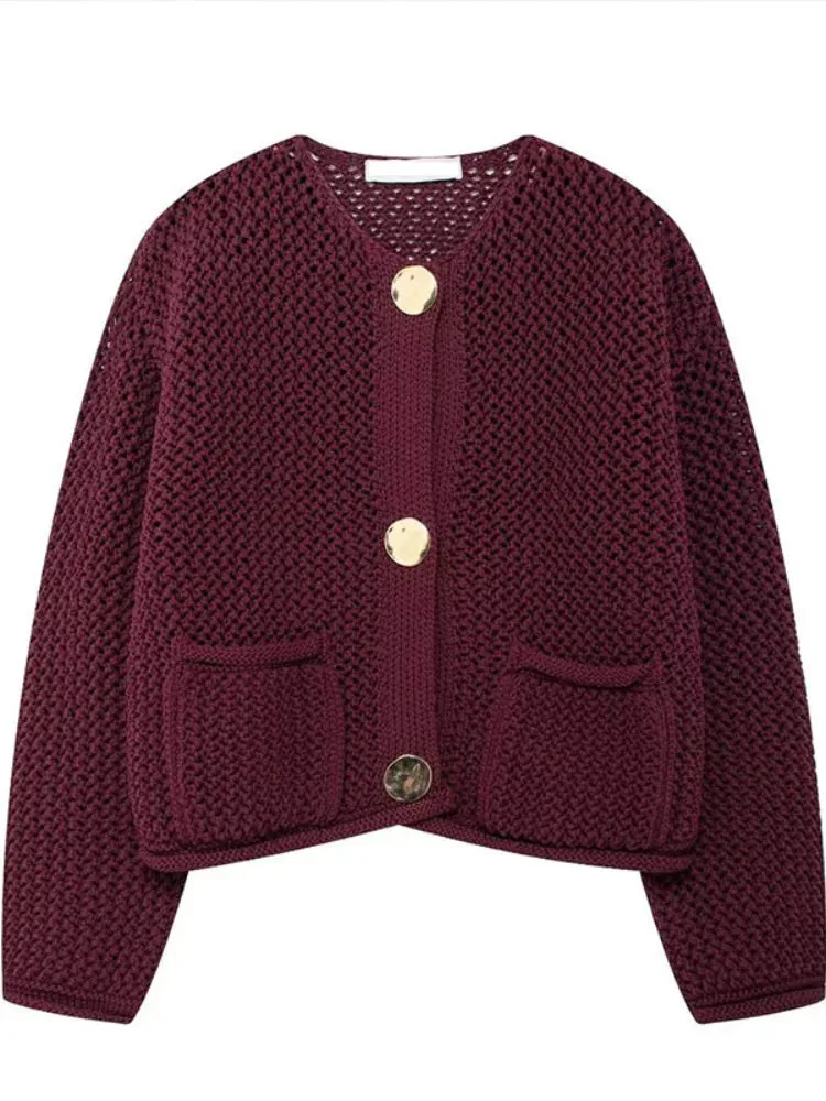 Chicmy-Elegant Solid Crocheted Wool Vest For Women Chic Single-breasted Crew Neck Pockets Knitted Vest 2024 Autumn Lady High Streetwear