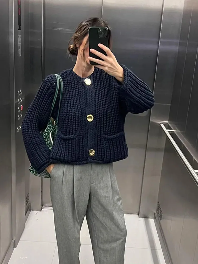 Chicmy-Elegant Solid Crocheted Wool Vest For Women Chic Single-breasted Crew Neck Pockets Knitted Vest 2024 Autumn Lady High Streetwear
