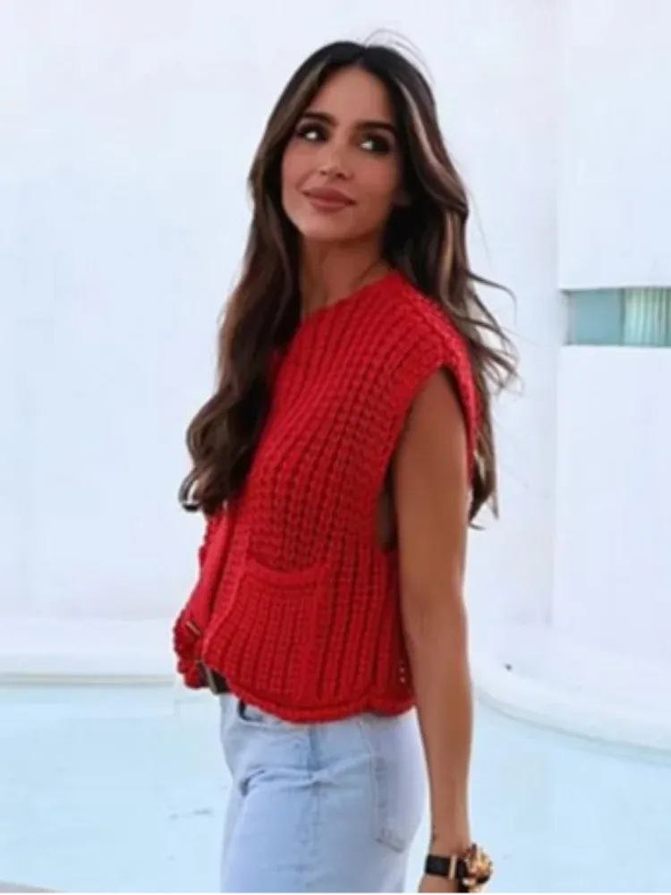 Chicmy-Elegant Solid Crocheted Wool Vest For Women Chic Single-breasted Crew Neck Pockets Knitted Vest 2024 Autumn Lady High Streetwear