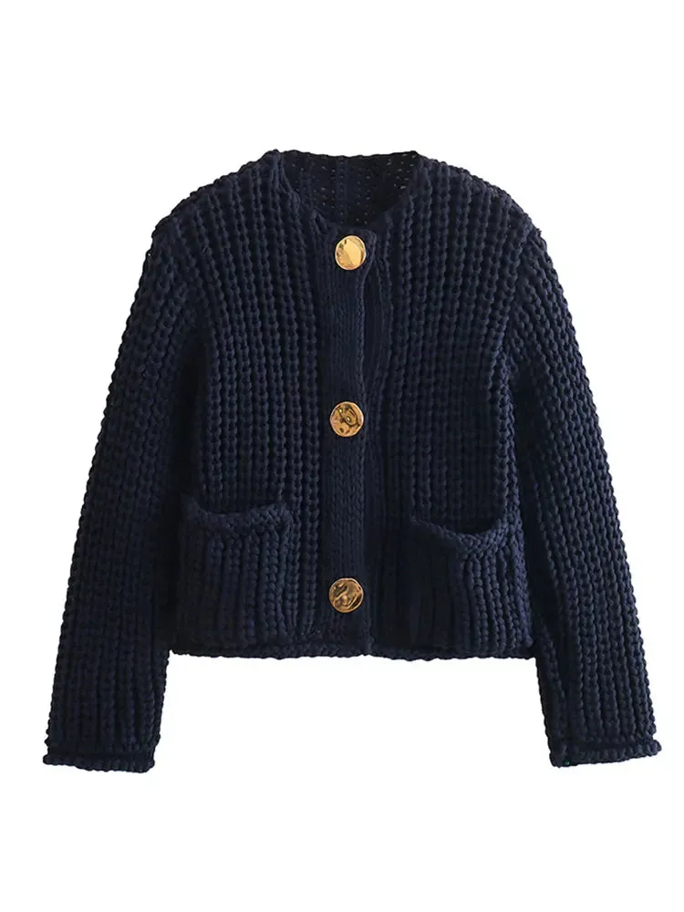 Chicmy-Elegant Solid Crocheted Wool Vest For Women Chic Single-breasted Crew Neck Pockets Knitted Vest 2024 Autumn Lady High Streetwear