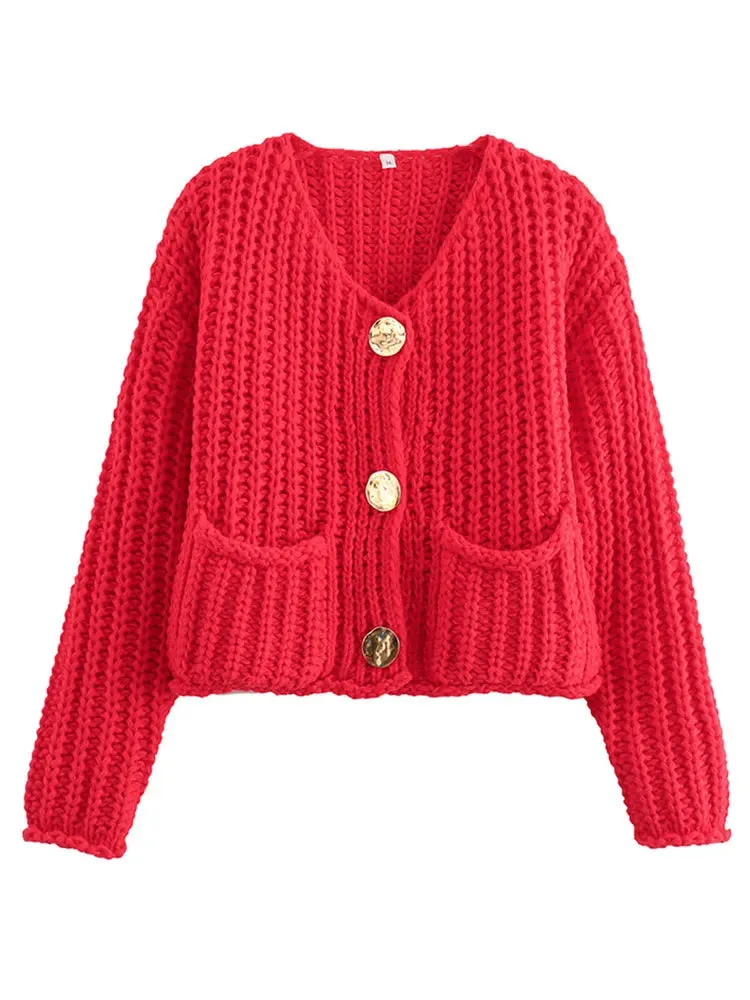 Chicmy-Elegant Solid Crocheted Wool Vest For Women Chic Single-breasted Crew Neck Pockets Knitted Vest 2024 Autumn Lady High Streetwear