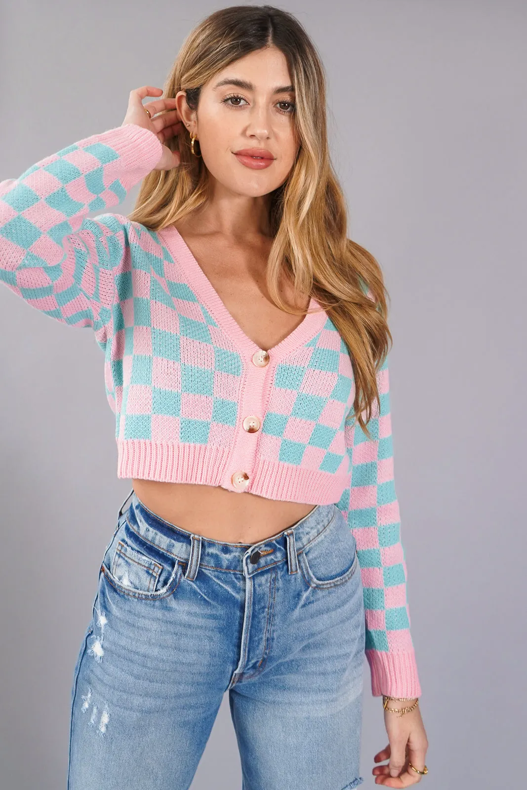Cropped Checkered Cardigan