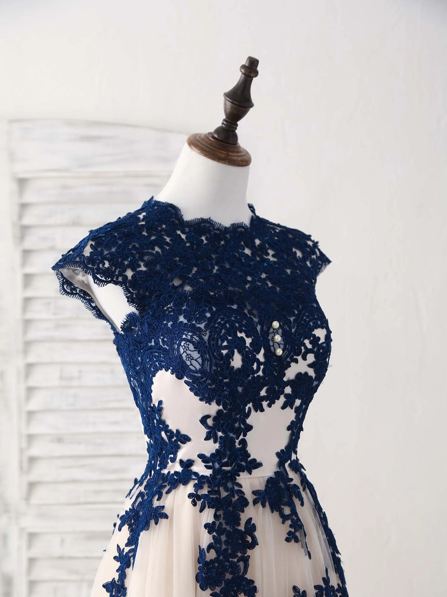 Dark Blue Lace Tulle High Low Prom Dress Blue Bridesmaid Dress