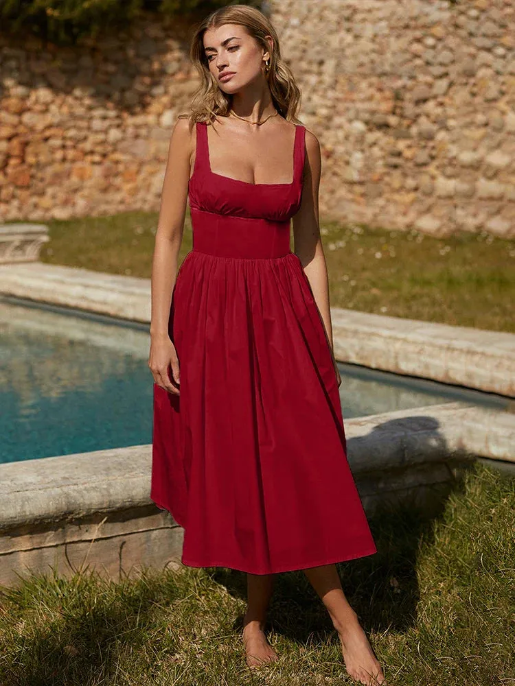 Elegant A-line Spaghetti Strap Nightclub Summer Square Neck Backless Long Midi Dress