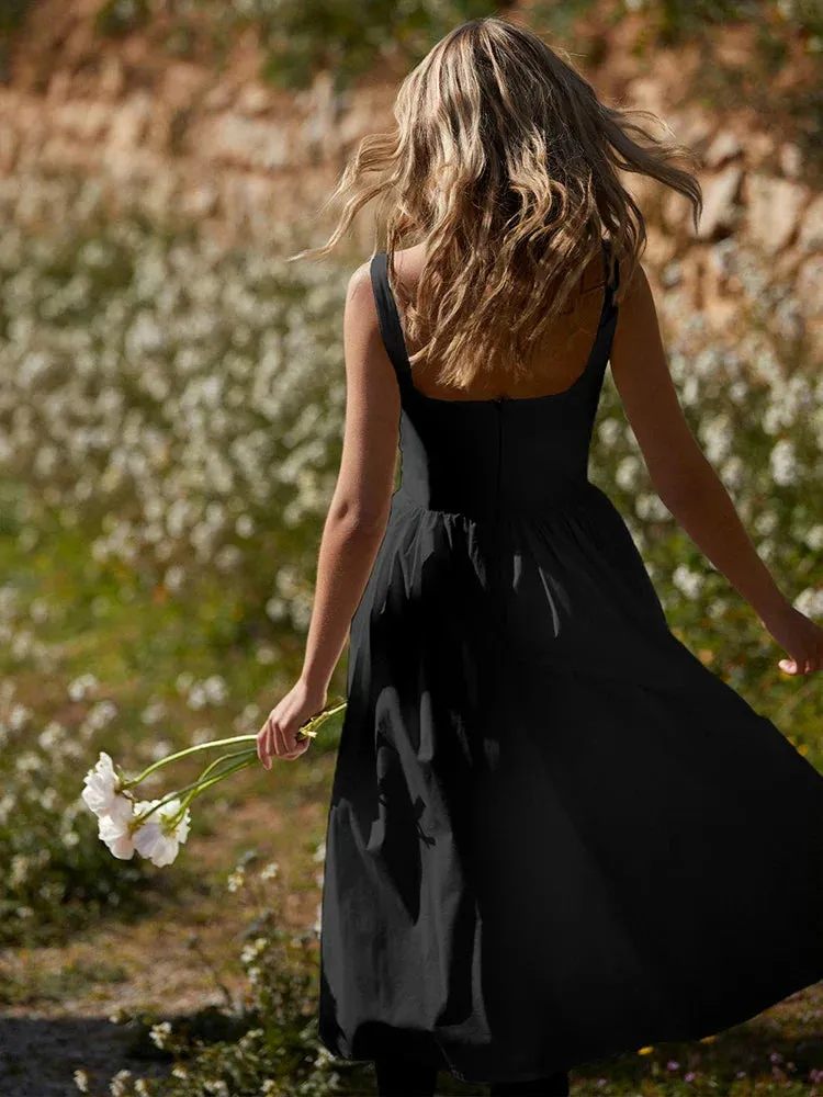 Elegant A-line Spaghetti Strap Nightclub Summer Square Neck Backless Long Midi Dress