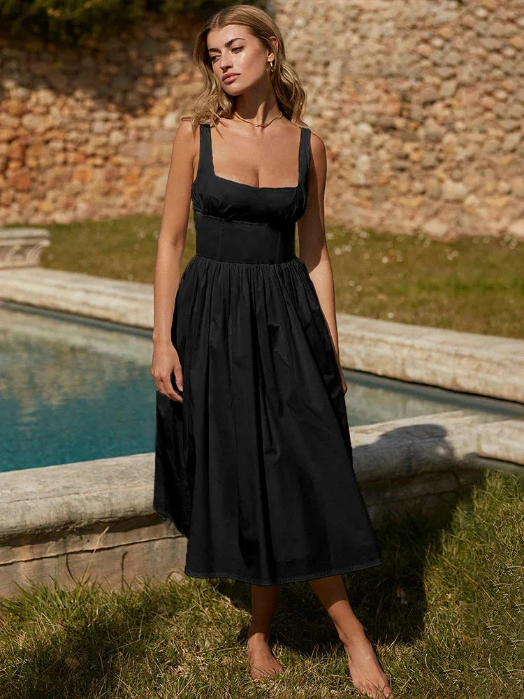 Elegant A-line Spaghetti Strap Nightclub Summer Square Neck Backless Long Midi Dress