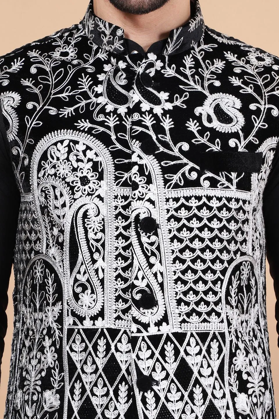 Embroidered Velvet Black Modi Nehru Jacket