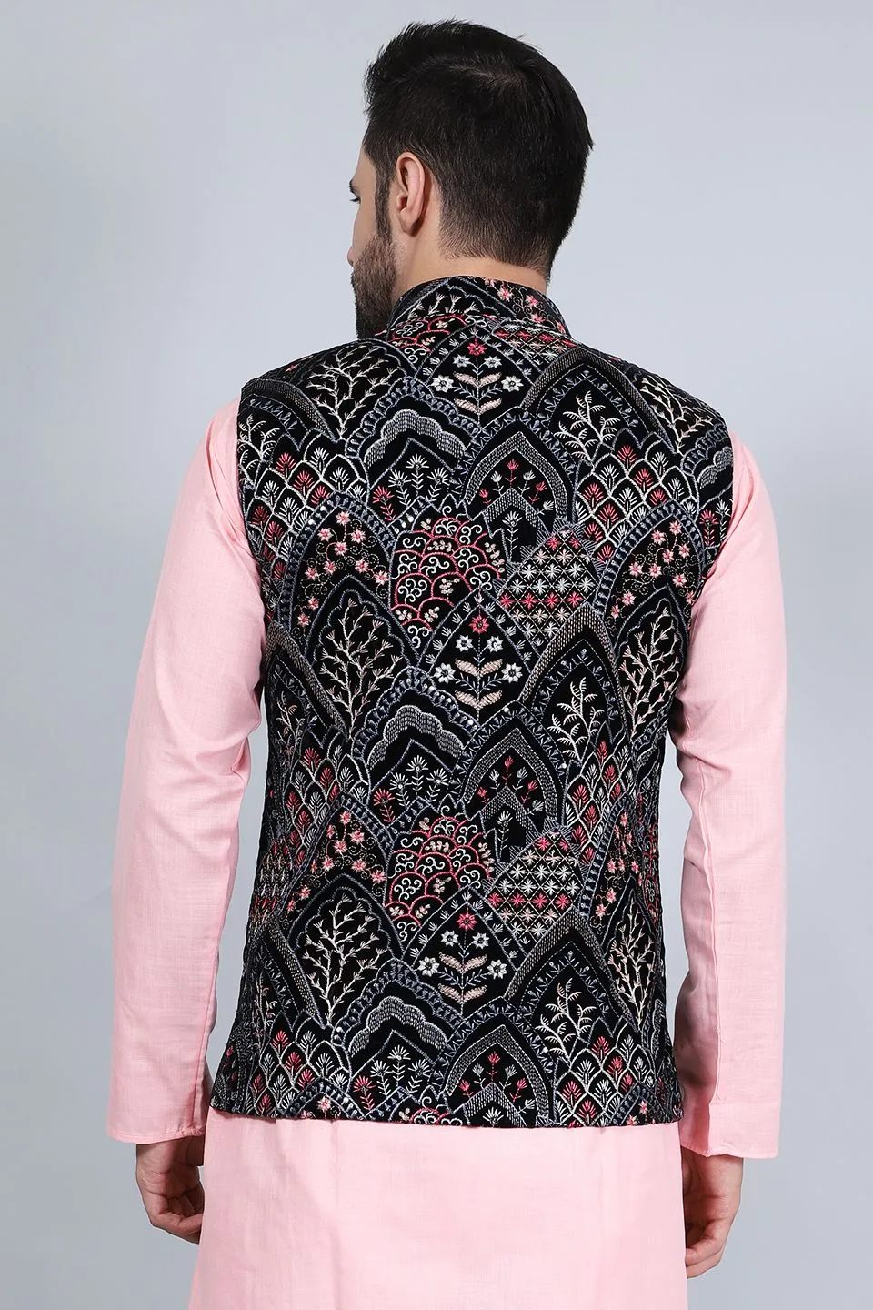 Embroidered Velvet Black Modi Nehru Jacket