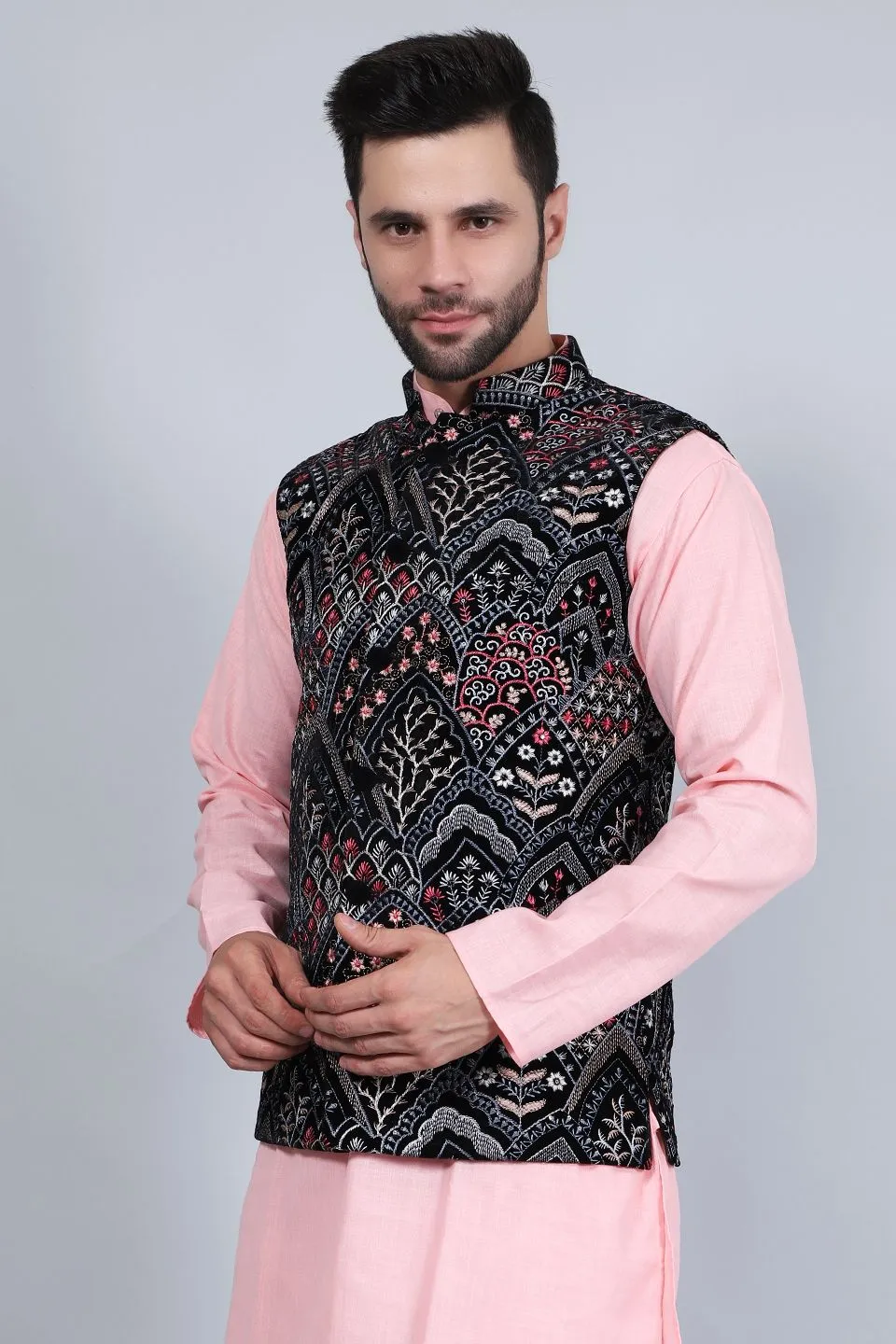 Embroidered Velvet Black Modi Nehru Jacket