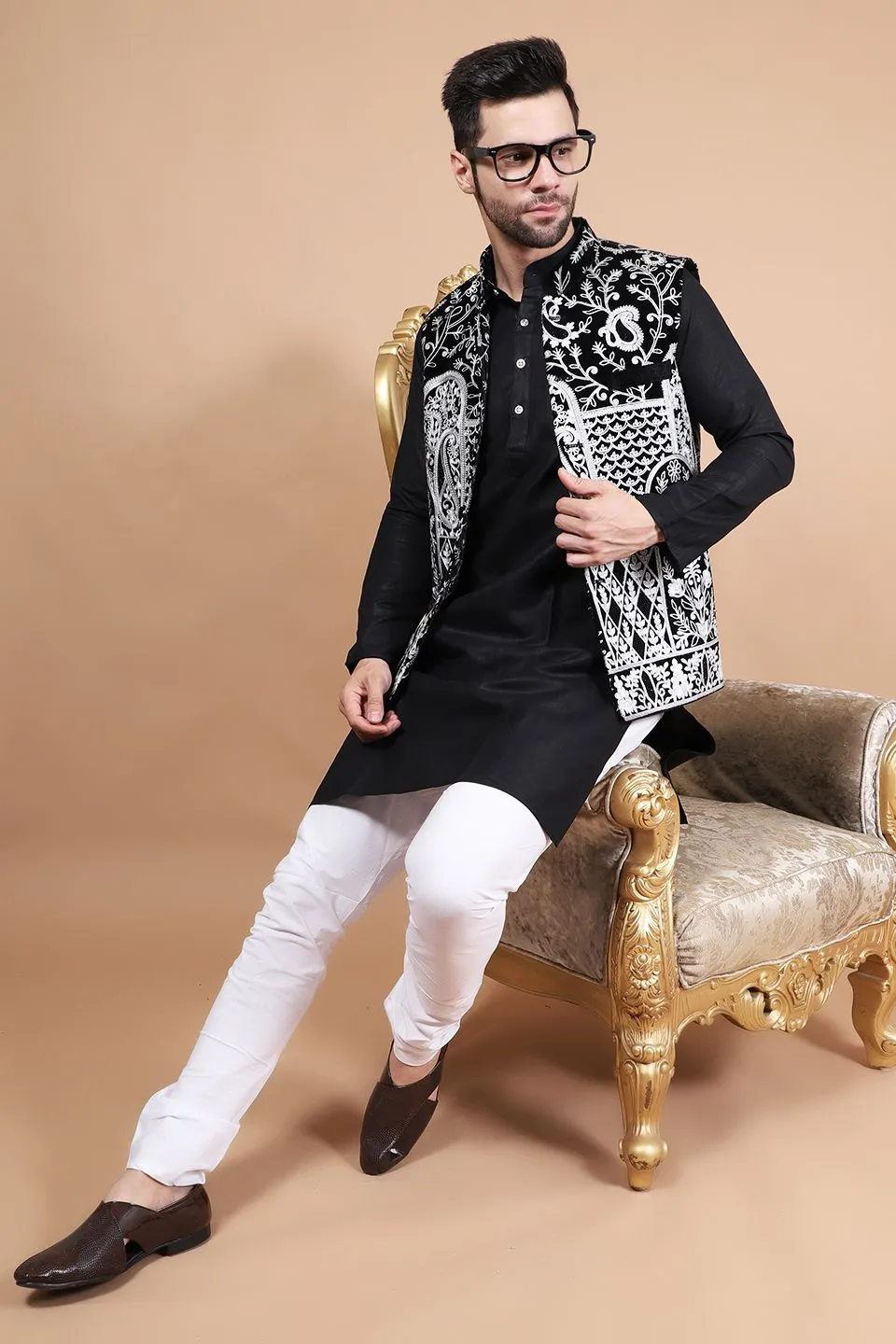 Embroidered Velvet Black Modi Nehru Jacket