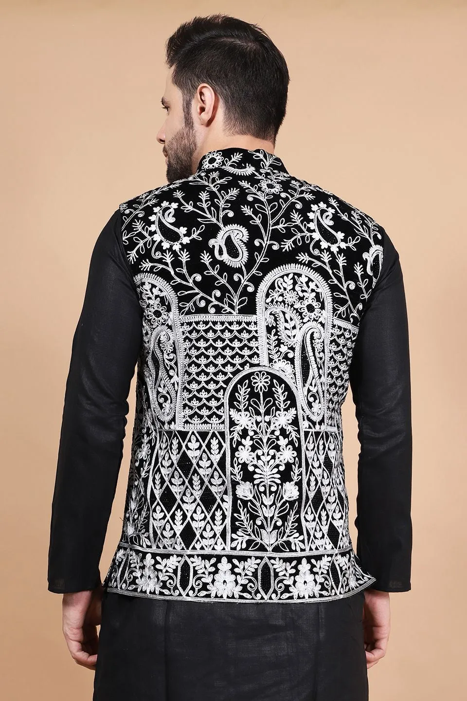 Embroidered Velvet Black Modi Nehru Jacket
