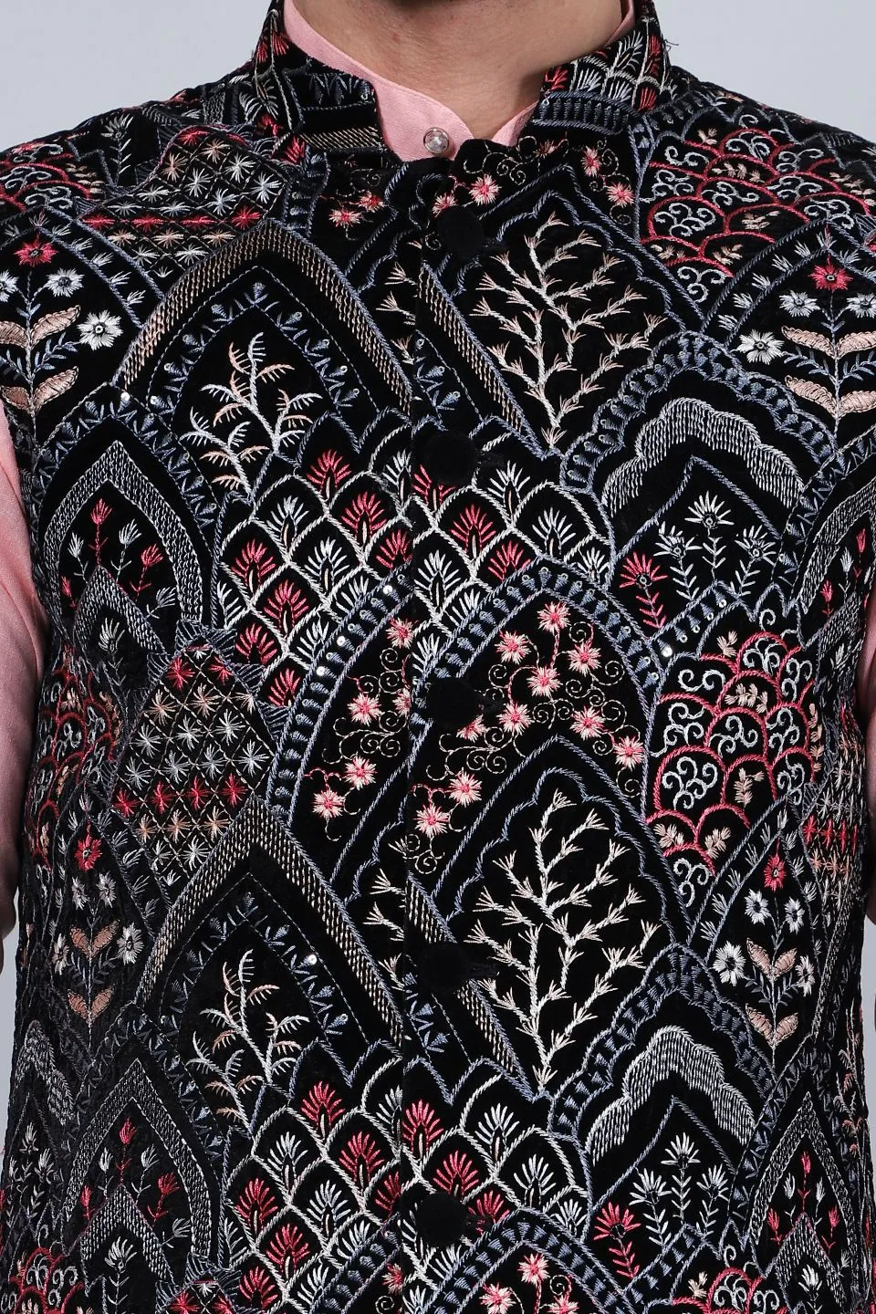 Embroidered Velvet Black Modi Nehru Jacket