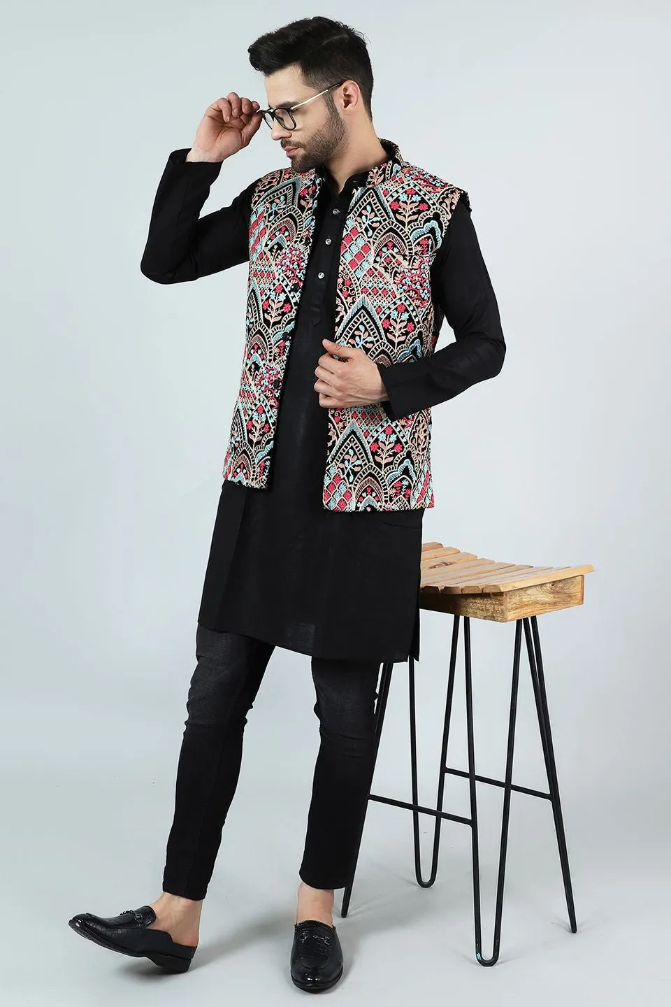 Embroidered Velvet Multicolored Modi Nehru Jacket