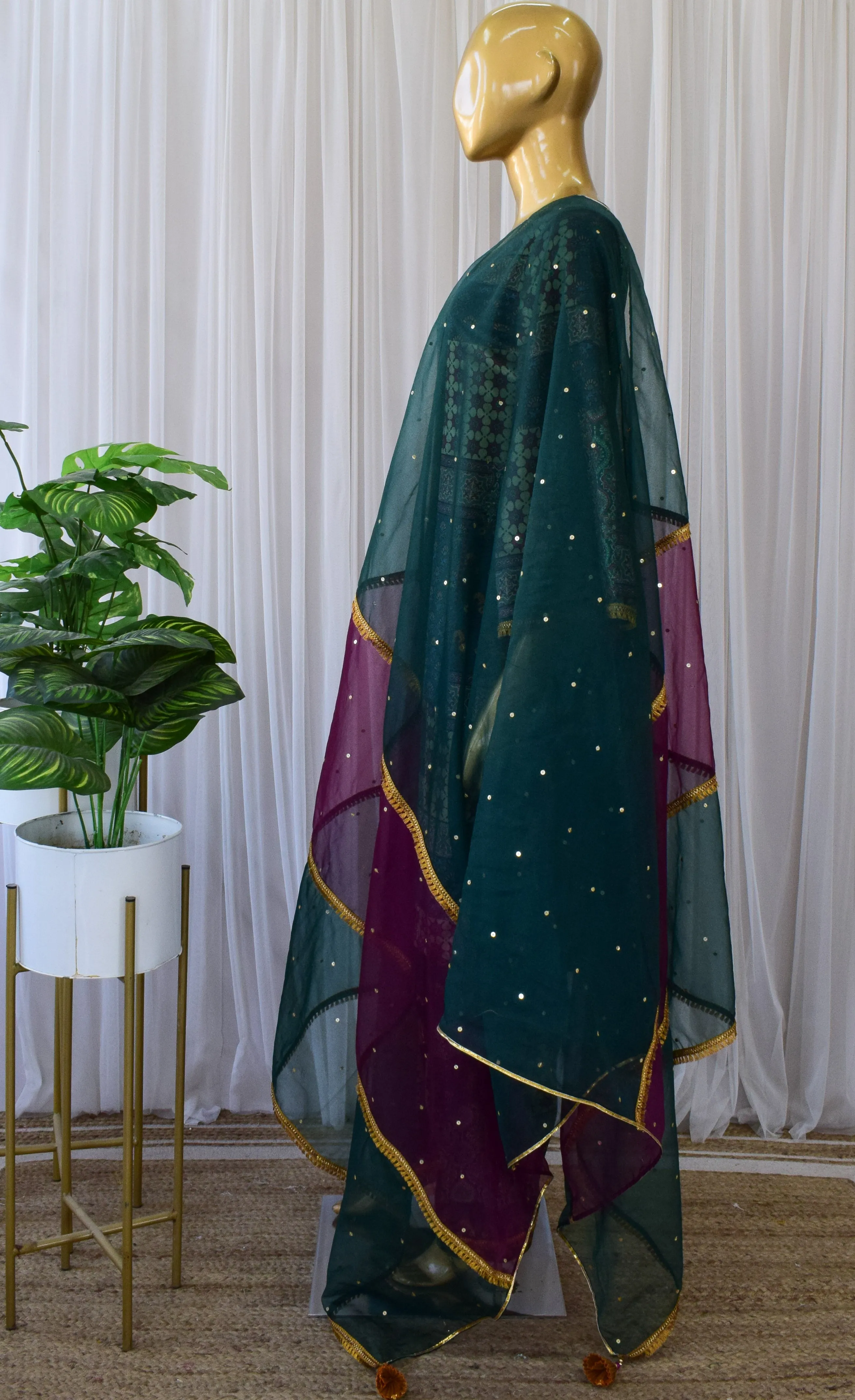 Emerald Green Printed Velvet Suit with Sequin Organza Dupatta