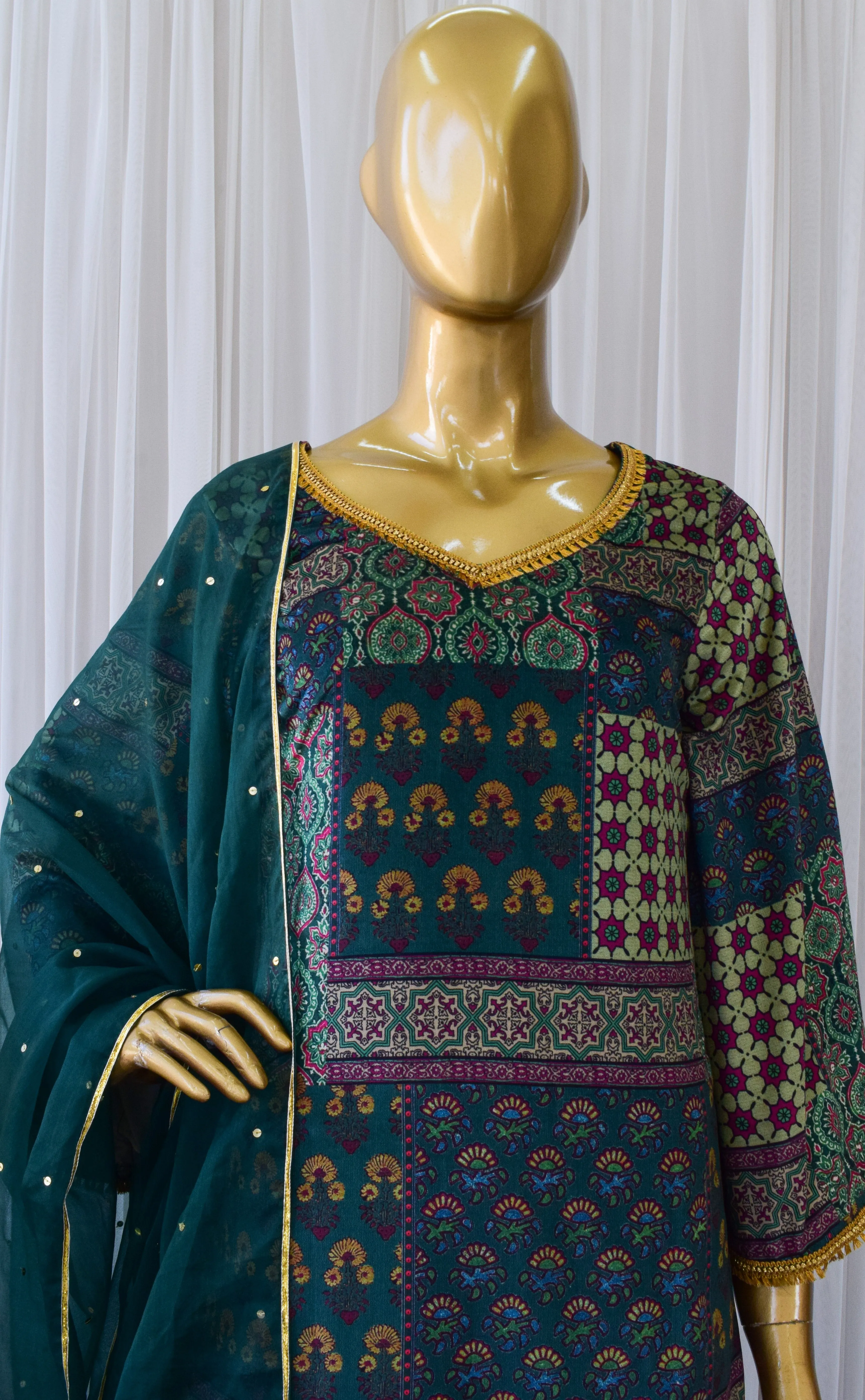 Emerald Green Printed Velvet Suit with Sequin Organza Dupatta