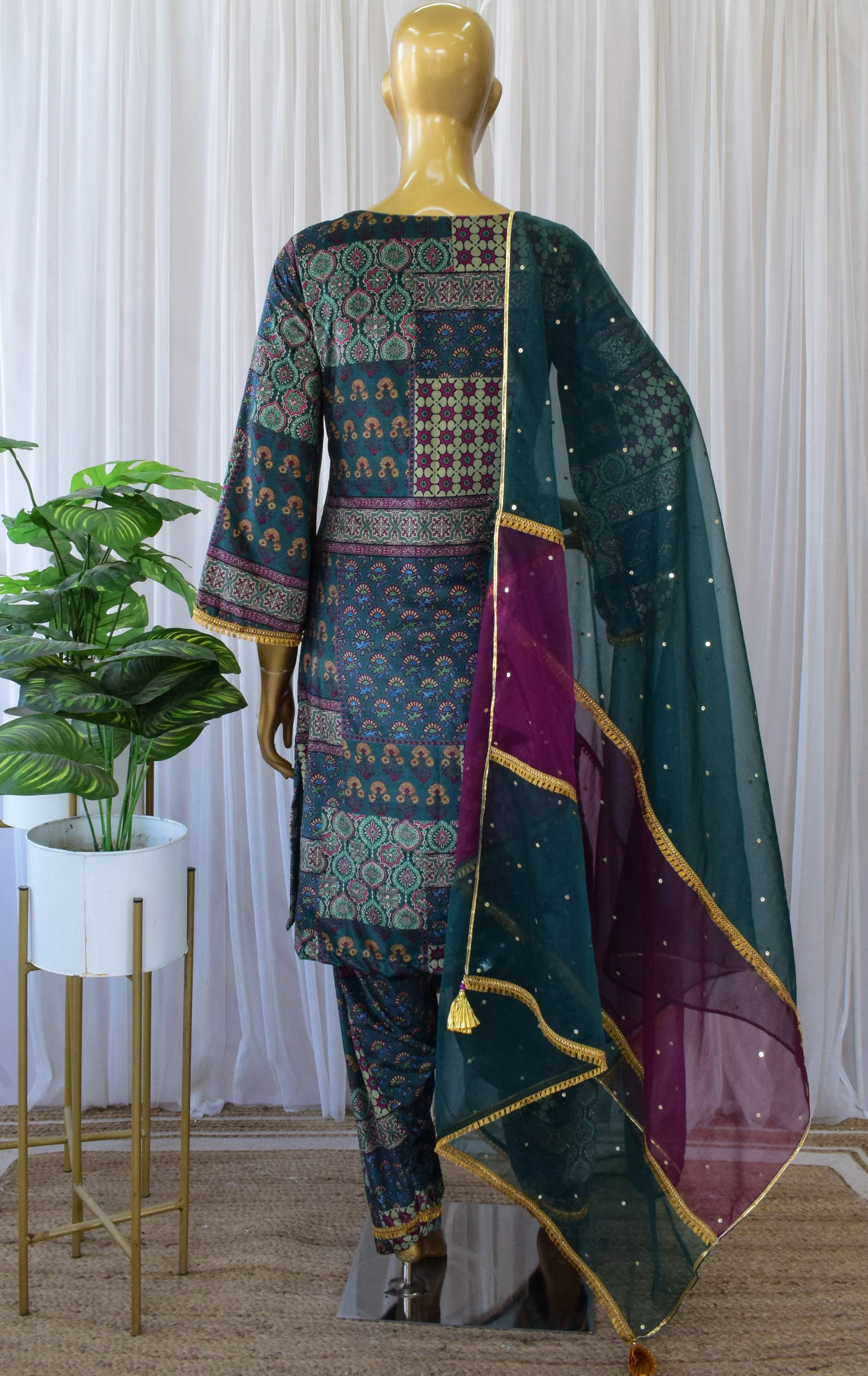 Emerald Green Printed Velvet Suit with Sequin Organza Dupatta