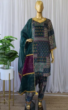 Emerald Green Printed Velvet Suit with Sequin Organza Dupatta