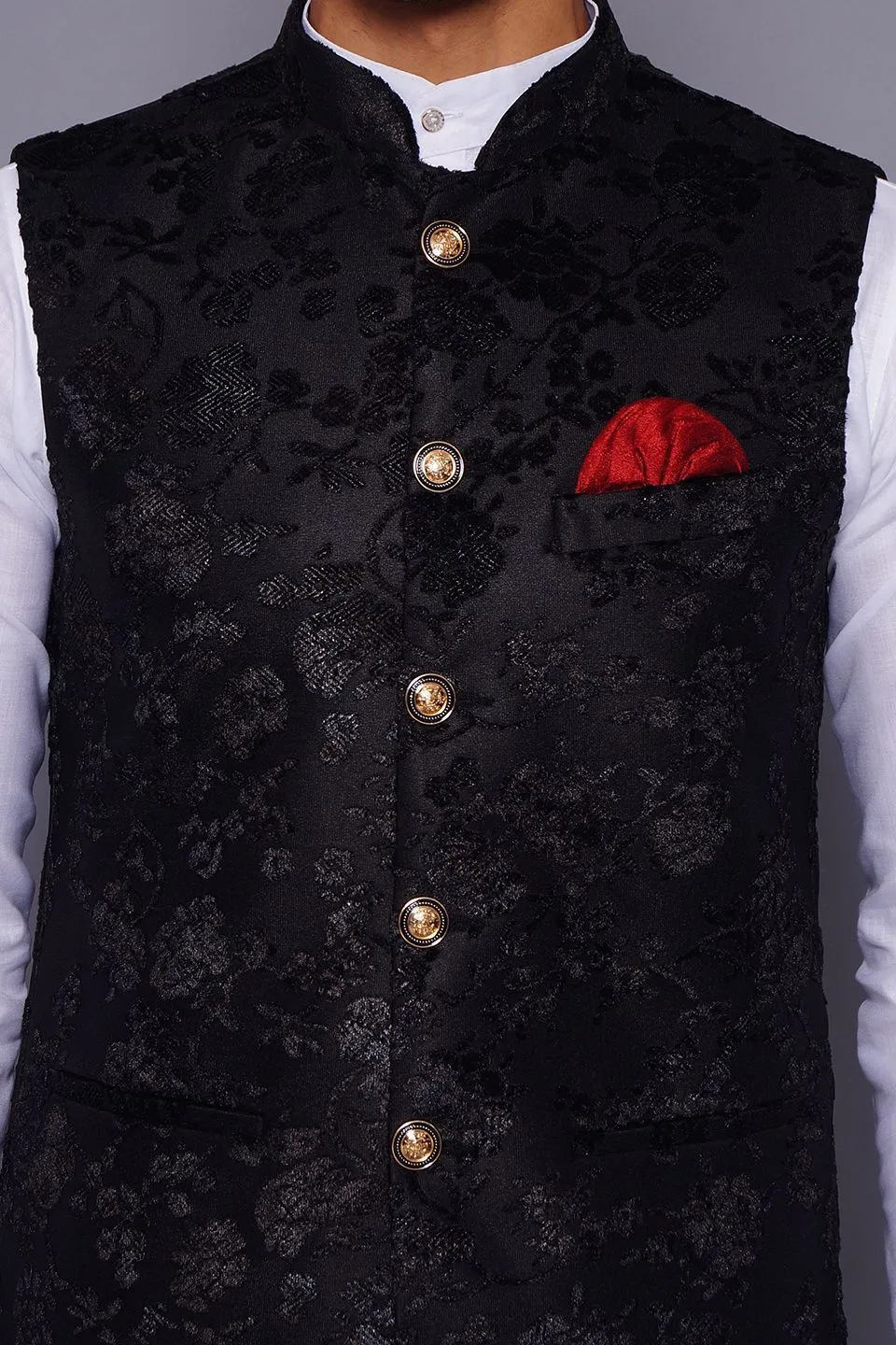 Emroidered Velvet Black Modi Nehru Jacket